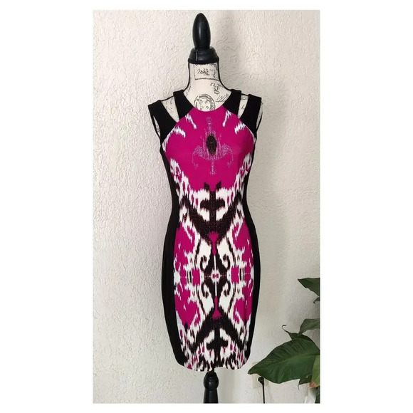 Cache Fitted Dress Sz 8 Party Cocktail Pink Black Sleeveless Shoulder Cut out - Picture 1 of 8